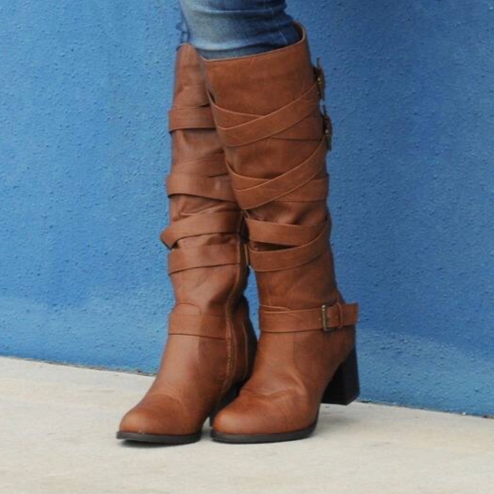 Journee tall brown strappy boots with heel